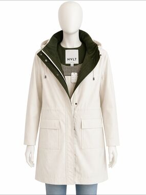 NVLT Size Small NEW Women's Cream Trench Coat with Olive Green Hood Liner